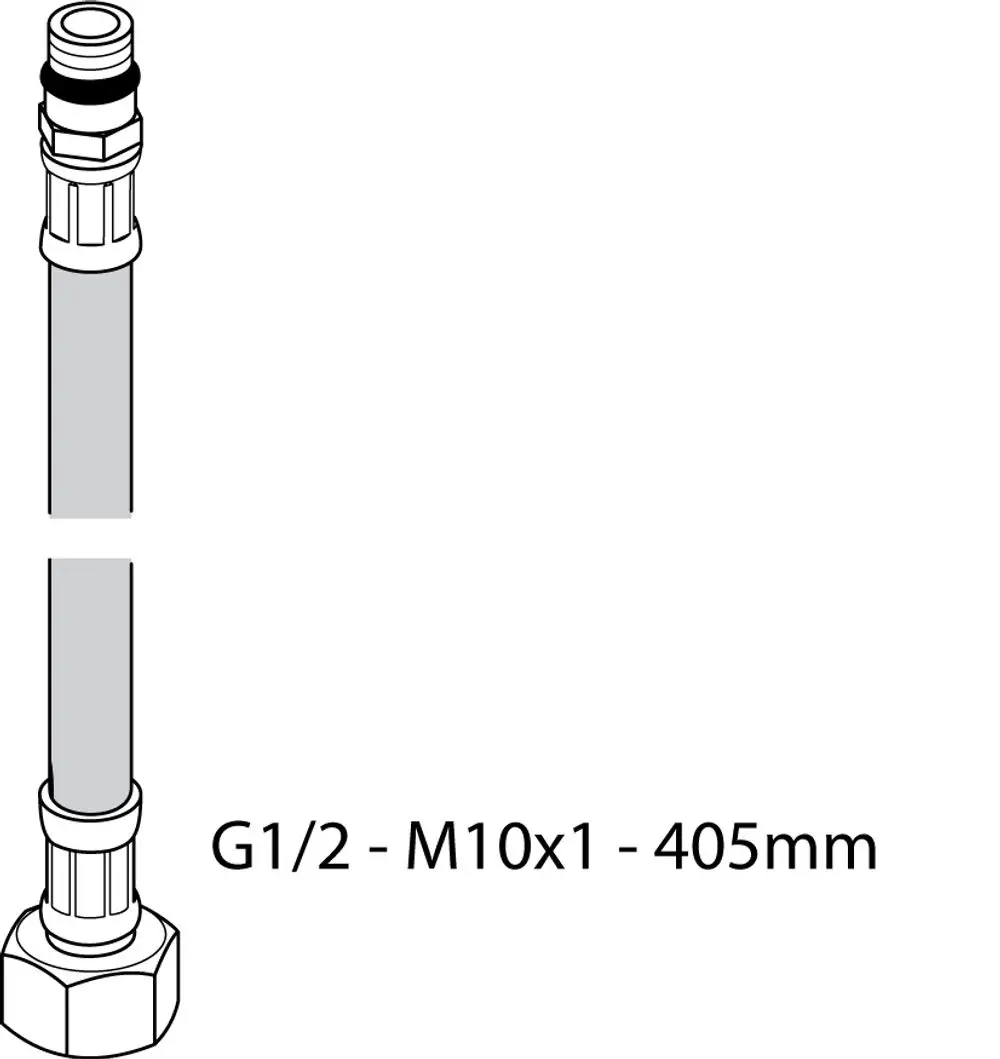 Flexibler Schlauch mit G1/2 und M10x1 Anschlüssen, abgebildet in schematischer Darstellung. Teil des Ideal Standard Sortimentes.